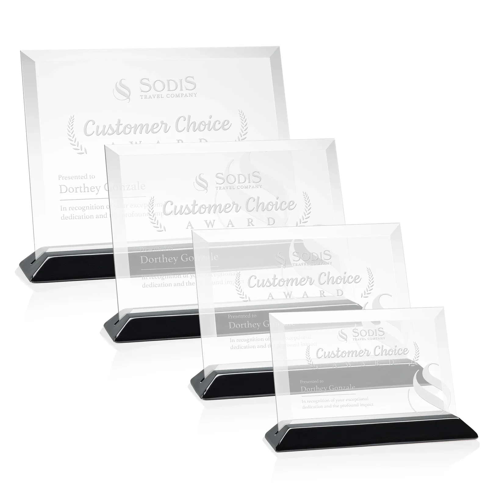 Personalized Starfire Crystal Award with Deeply Beveled Edges on a Wood-Tone Base for sales achievement awards