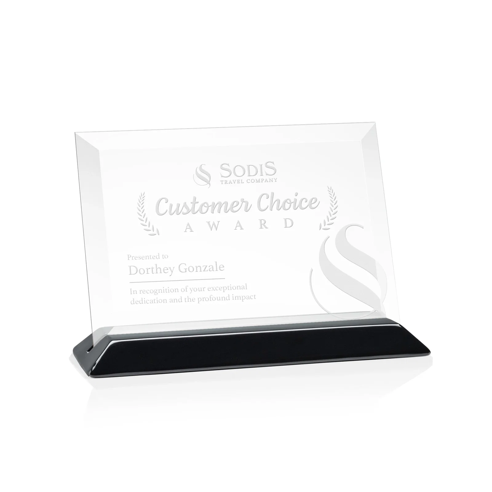 Personalized Starfire Crystal Award with Deeply Beveled Edges on a Wood-Tone Base for team milestone celebrations