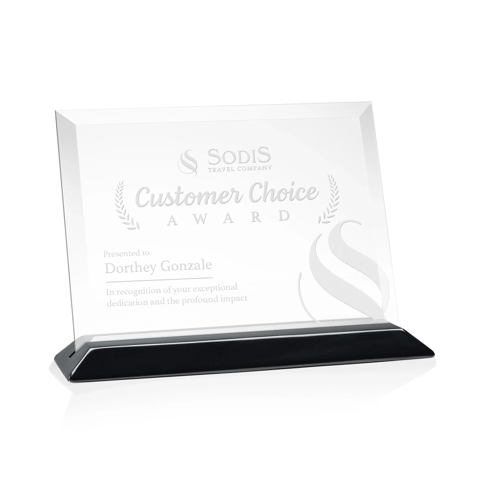 Personalized Starfire Crystal Award with Deeply Beveled Edges on a Wood-Tone Base for donor appreciation