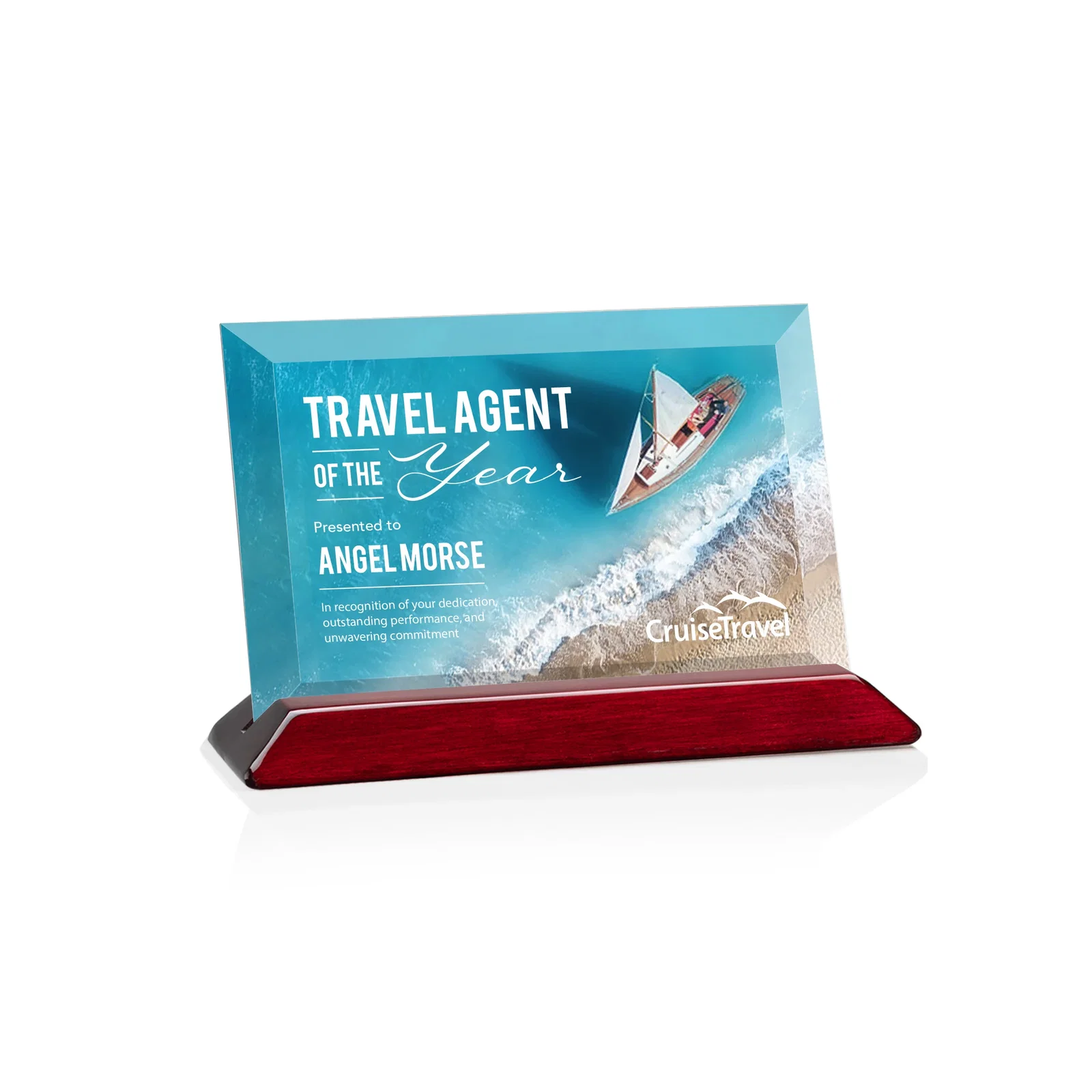 Custom Starfire Crystal Award with Deeply Beveled Edges on a Wood-Tone Base for corporate award ceremonies