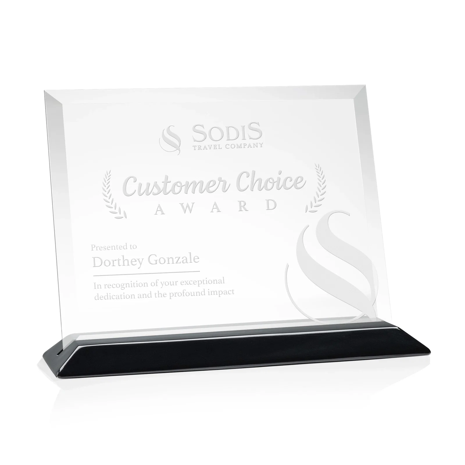 Personalized Starfire Crystal Award with Deeply Beveled Edges on a Wood-Tone Base for graduation ceremonies