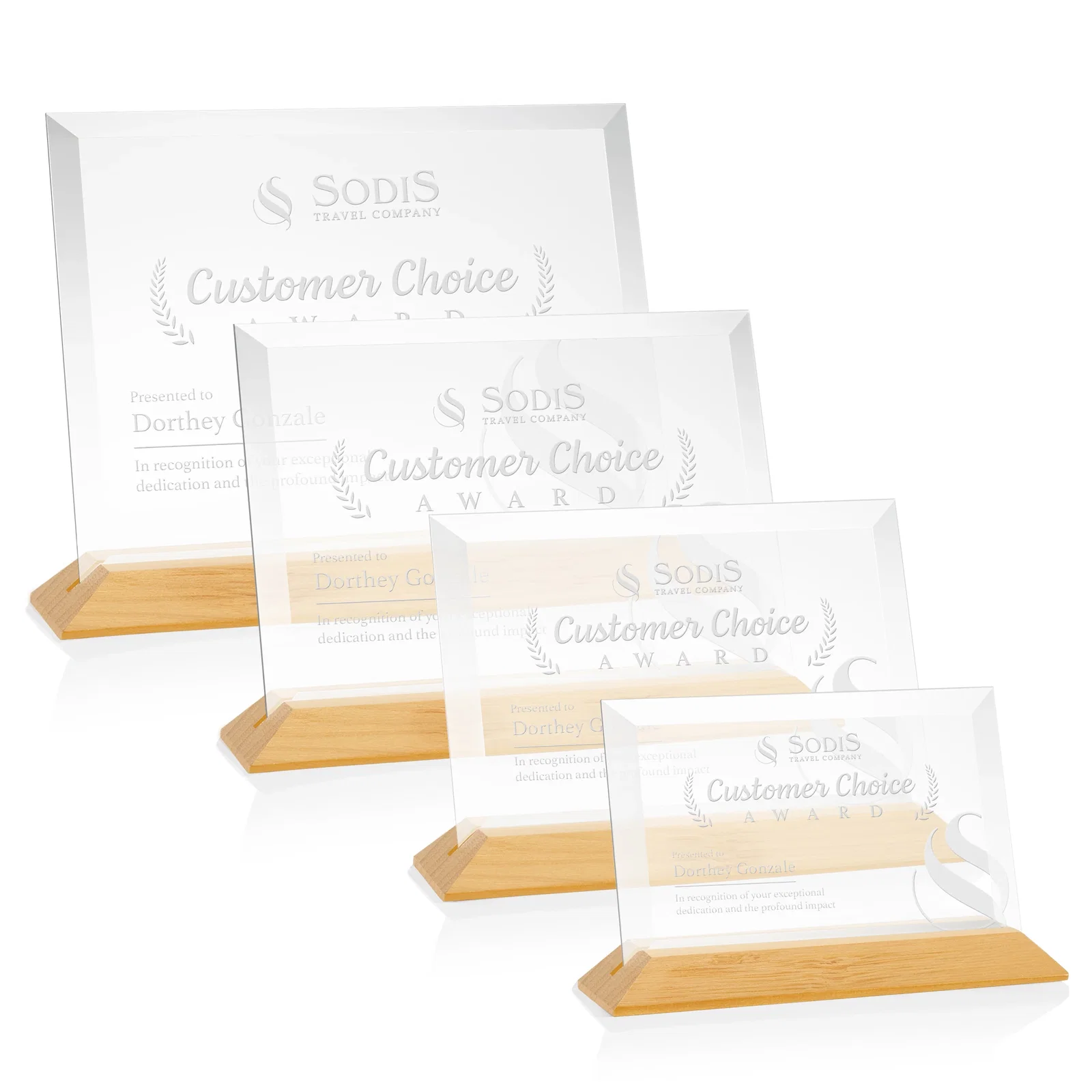 Personalized Starfire Crystal Award with Deeply Beveled Edges on a Wood-Tone Base for safety achievement programs