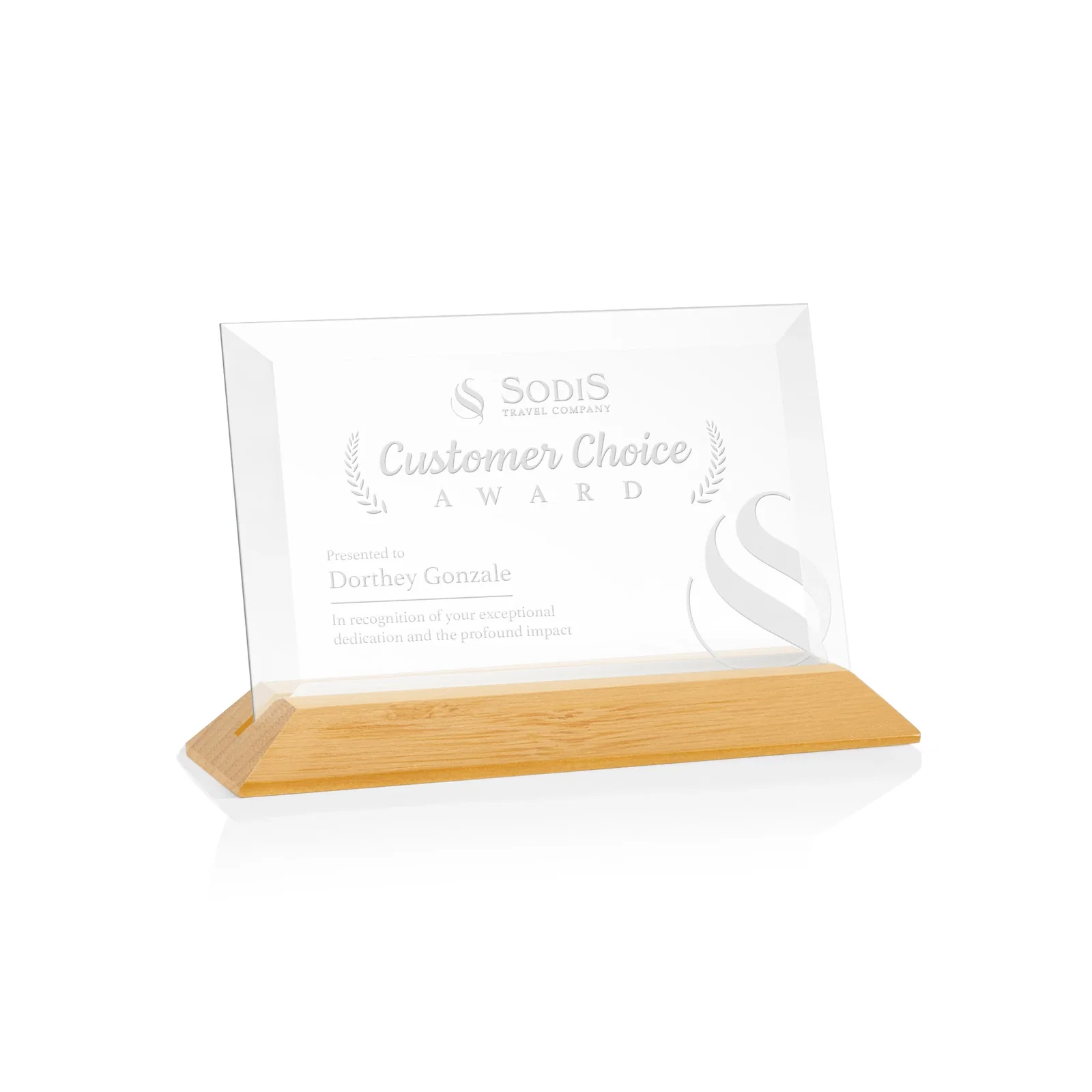 Personalized Starfire Crystal Award with Deeply Beveled Edges on a Wood-Tone Base for volunteer appreciation