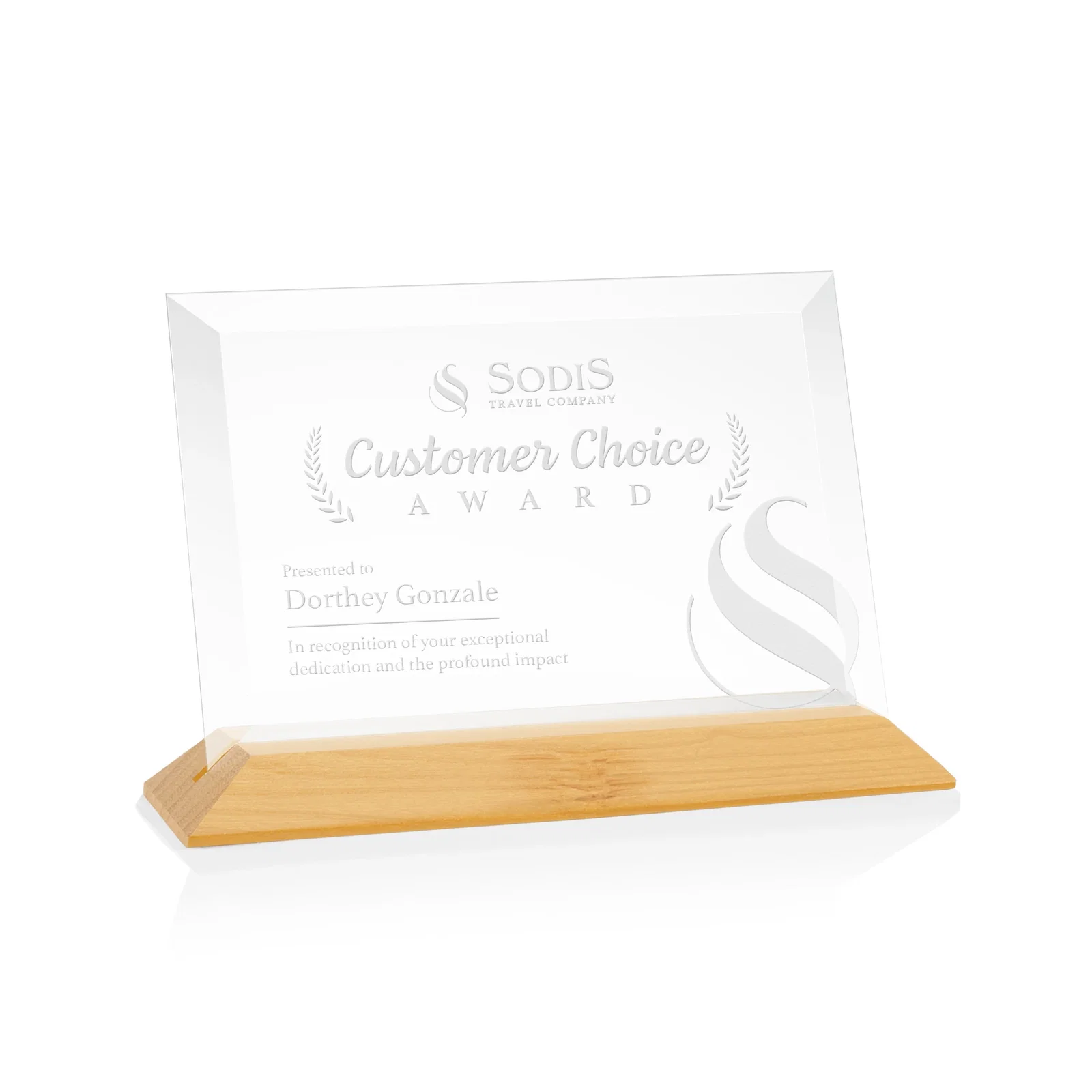 Personalized Starfire Crystal Award with Deeply Beveled Edges on a Wood-Tone Base for dealer and partner awards