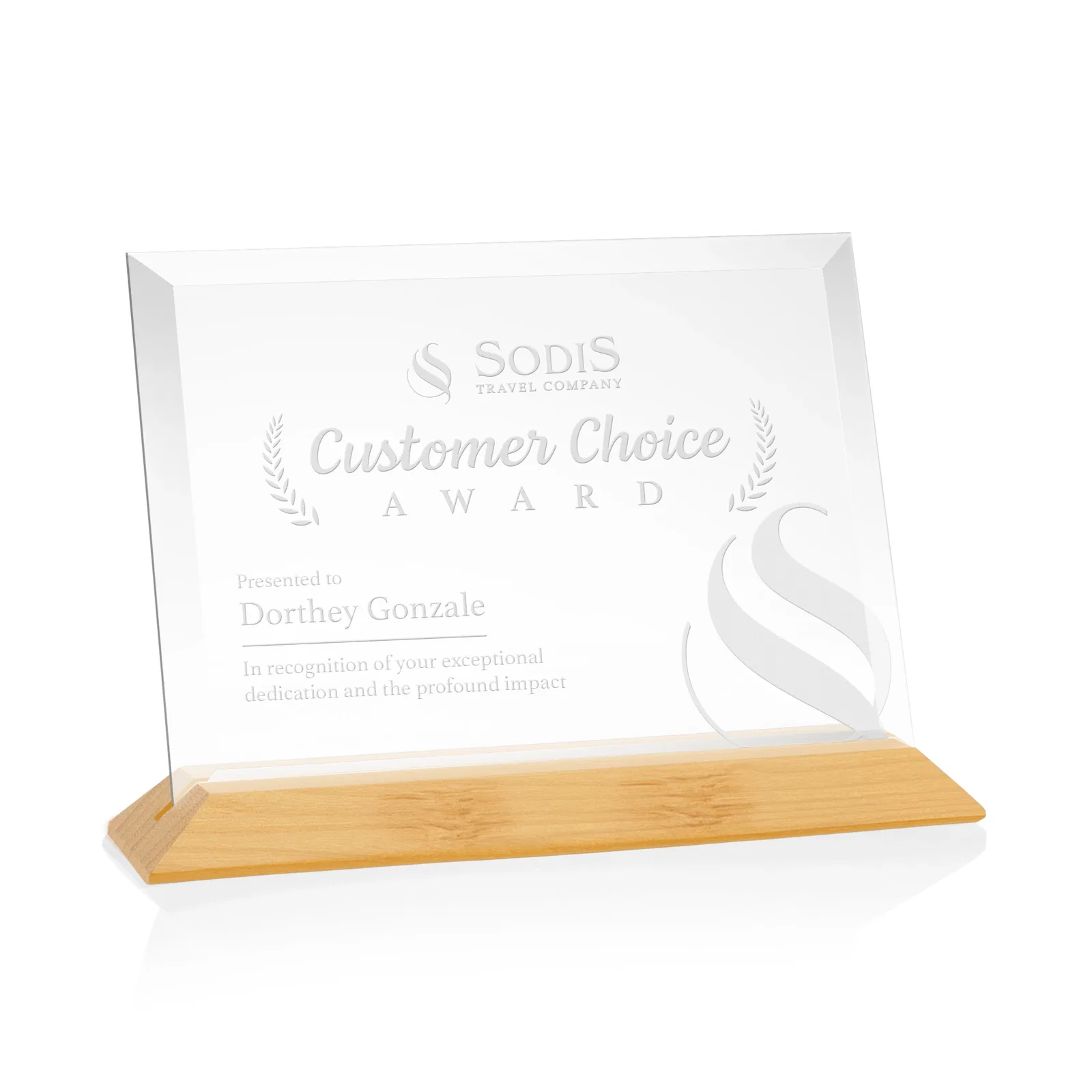 Personalized Starfire Crystal Award with Deeply Beveled Edges on a Wood-Tone Base for company anniversary events