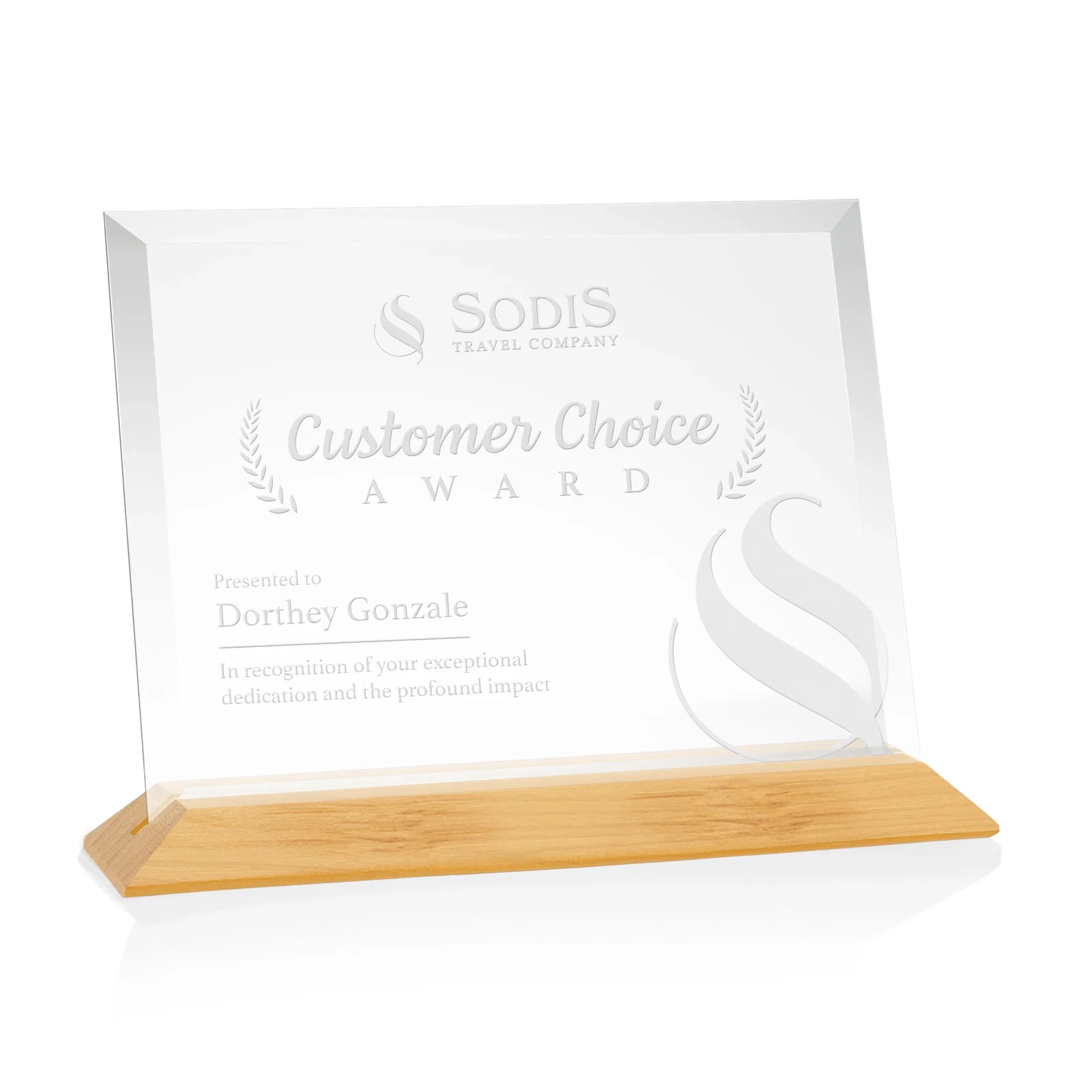 Promotional Starfire Crystal Award with Deeply Beveled Edges on a Wood-Tone Base for employee recognition
