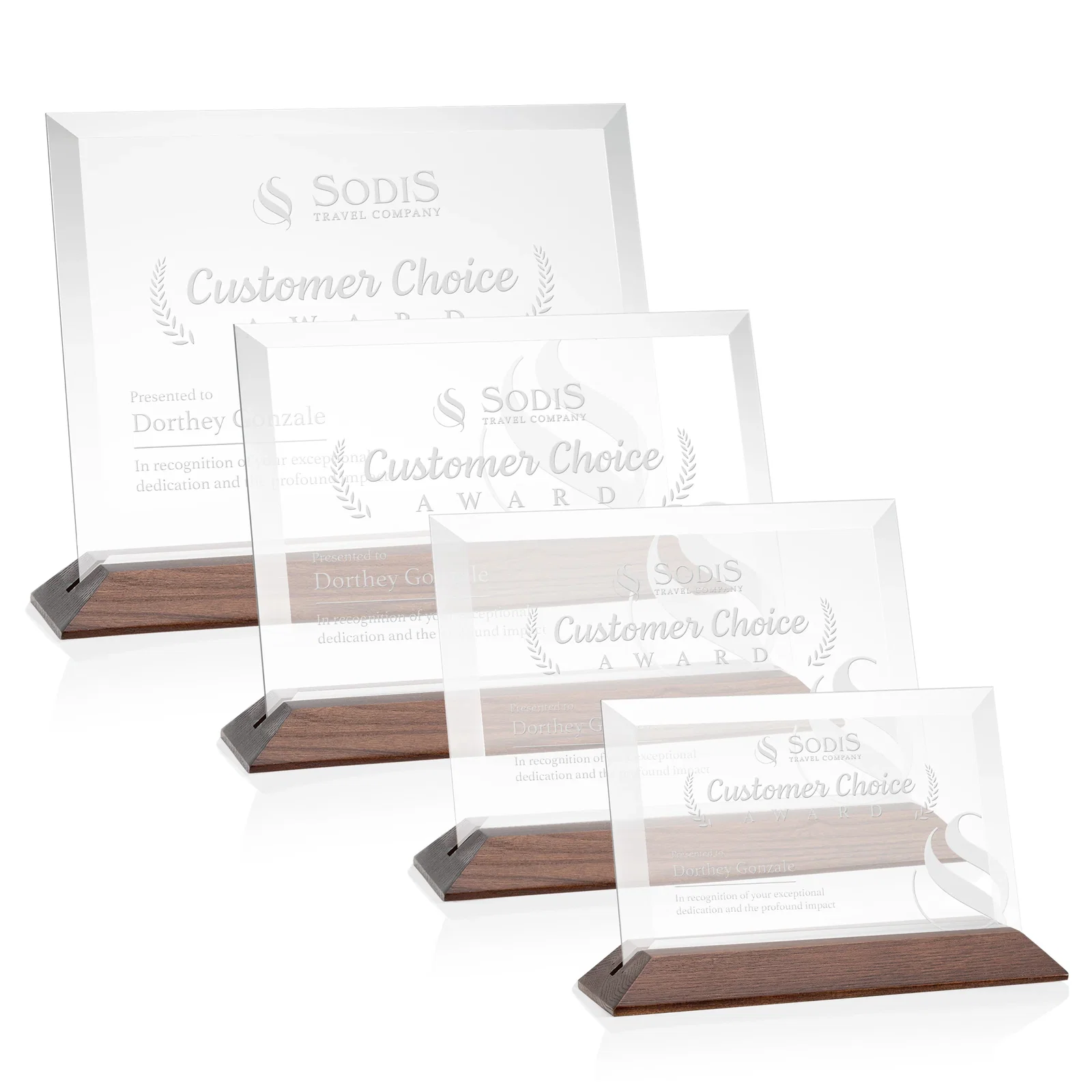 Promotional Starfire Crystal Award with Deeply Beveled Edges on a Wood-Tone Base for corporate award ceremonies