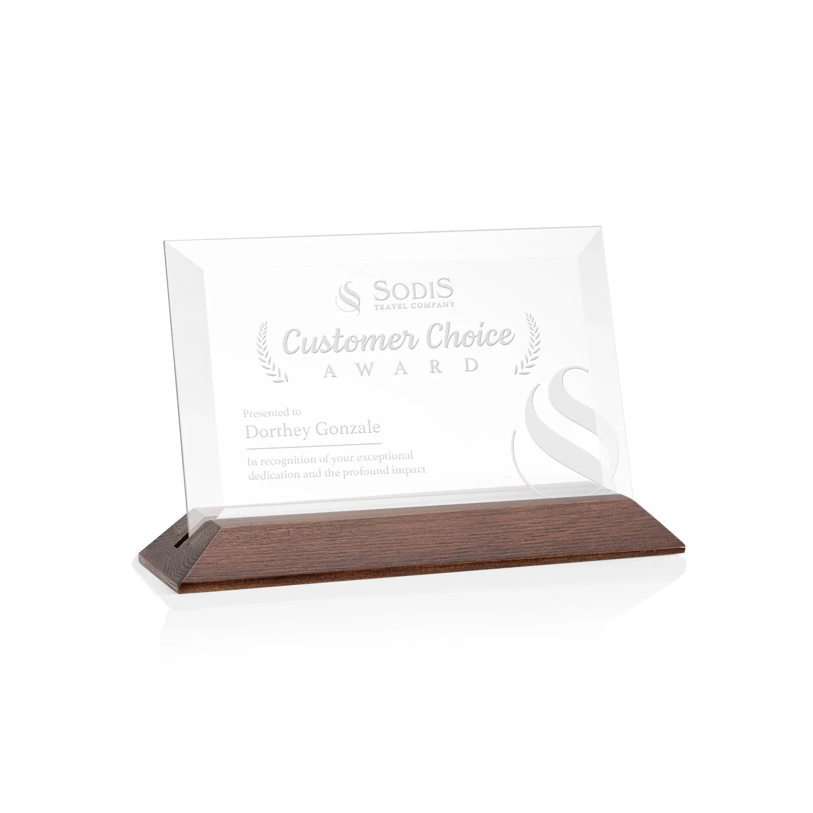 Promotional Starfire Crystal Award with Deeply Beveled Edges on a Wood-Tone Base for service anniversary gifts