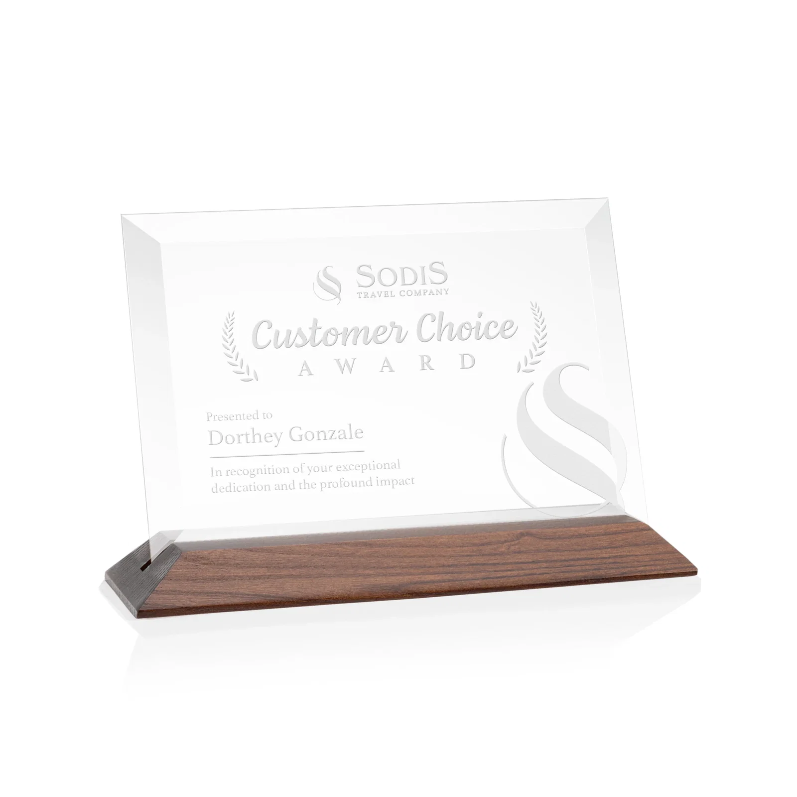 Promotional Starfire Crystal Award with Deeply Beveled Edges on a Wood-Tone Base for sales achievement awards