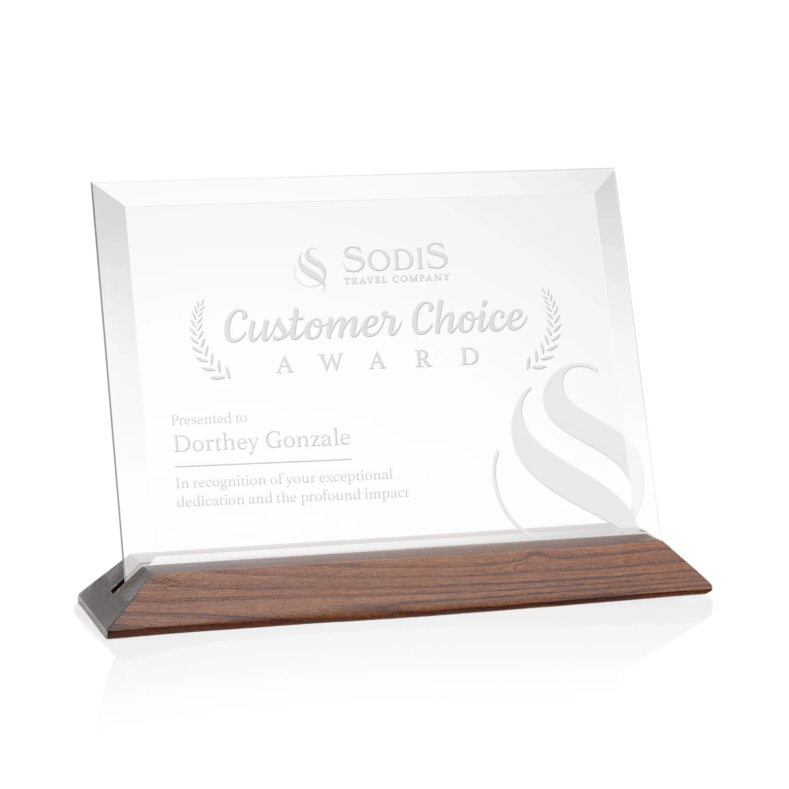 Promotional Starfire Crystal Award with Deeply Beveled Edges on a Wood-Tone Base for retirement presentations