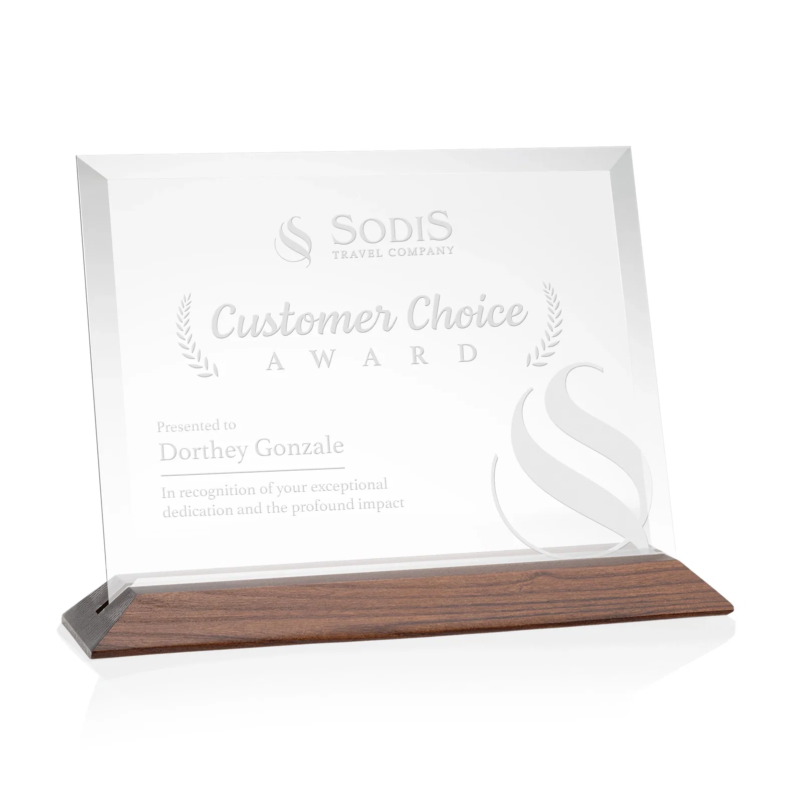 Promotional Starfire Crystal Award with Deeply Beveled Edges on a Wood-Tone Base for team milestone celebrations
