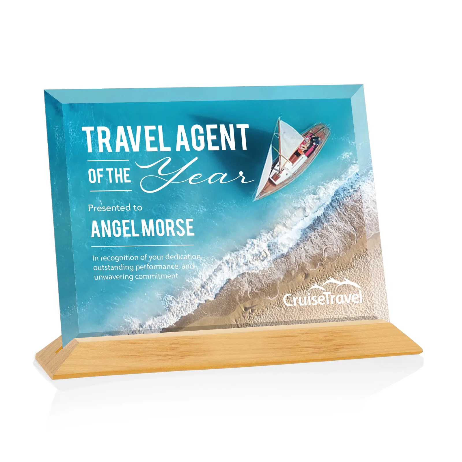 Promotional Starfire Crystal Award with Deeply Beveled Edges on a Wood-Tone Base for dealer and partner awards