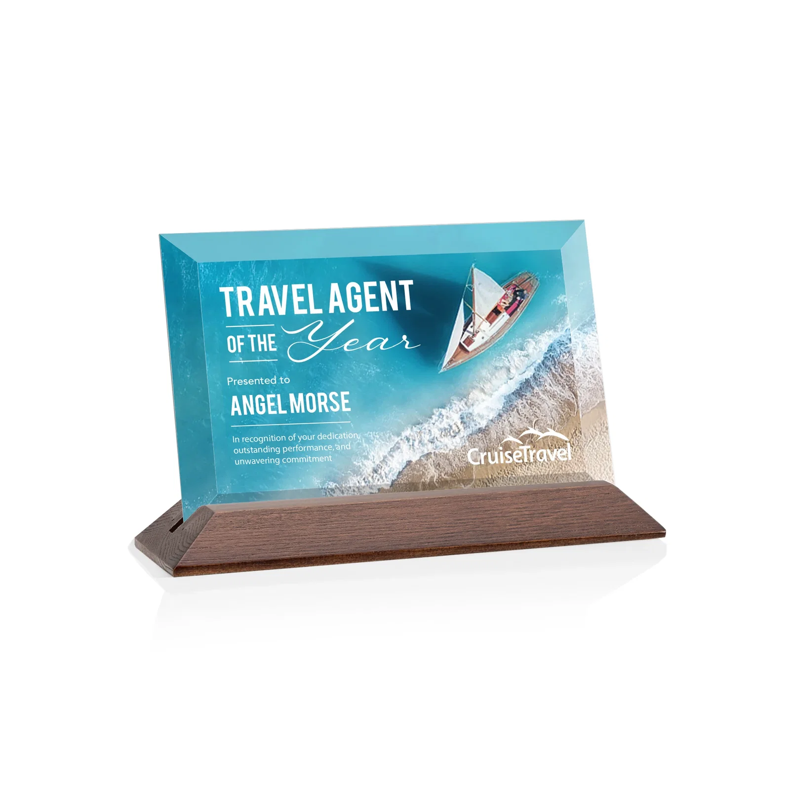 Branded Starfire Crystal Award with Deeply Beveled Edges on a Wood-Tone Base for employee recognition
