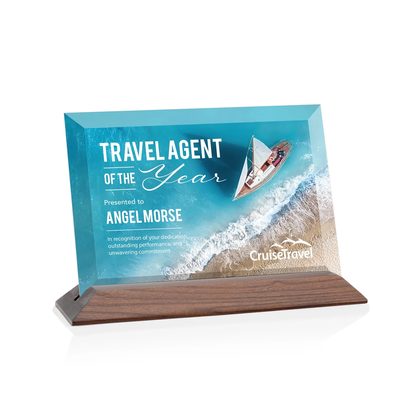 Branded Starfire Crystal Award with Deeply Beveled Edges on a Wood-Tone Base for corporate award ceremonies