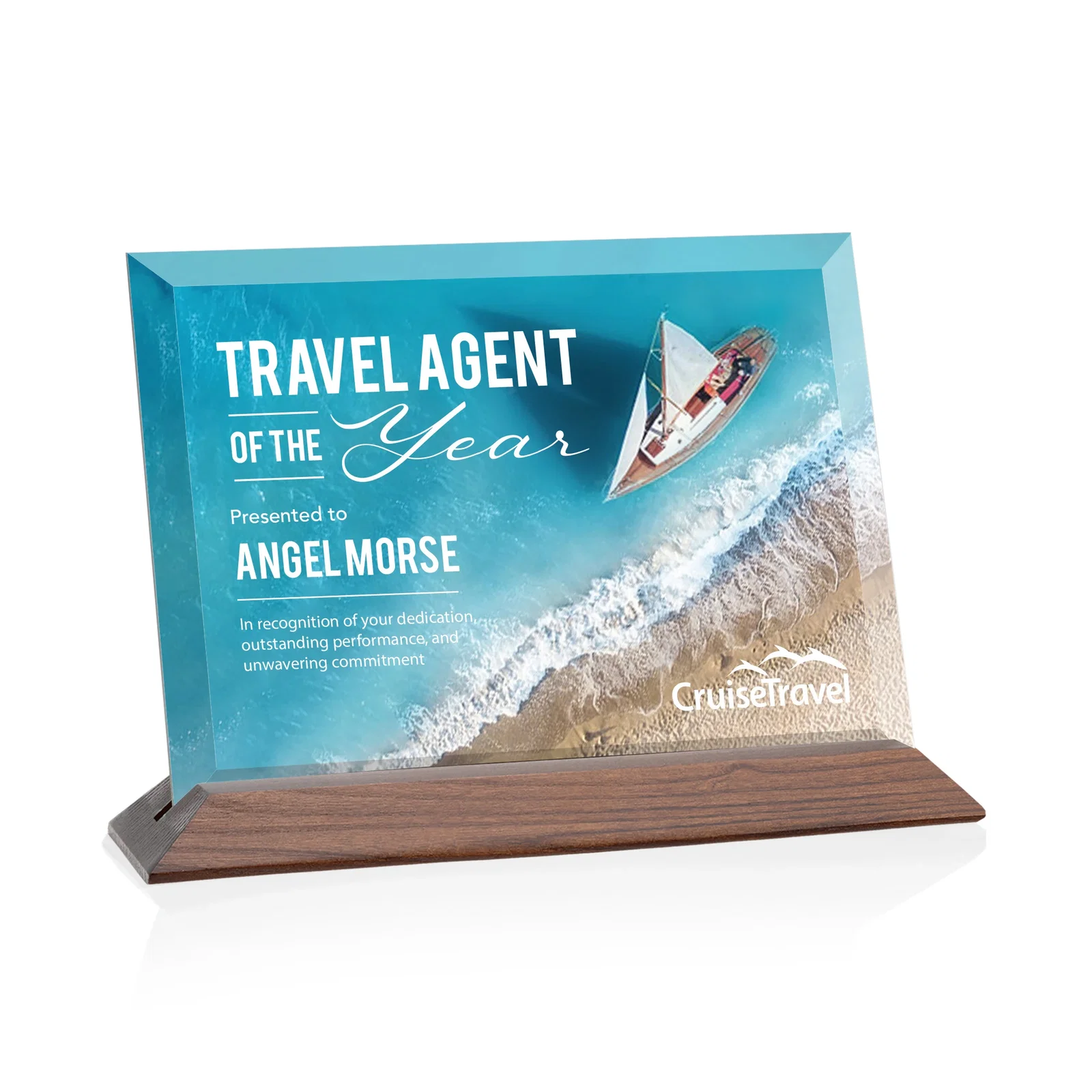 Branded Starfire Crystal Award with Deeply Beveled Edges on a Wood-Tone Base for service anniversary gifts