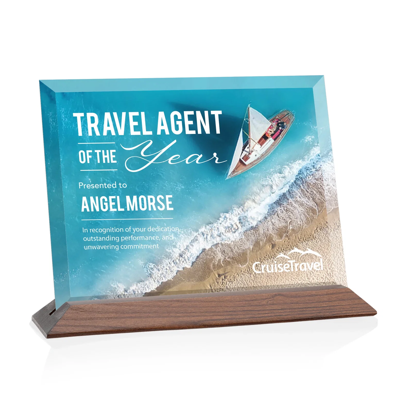 Branded Starfire Crystal Award with Deeply Beveled Edges on a Wood-Tone Base for sales achievement awards