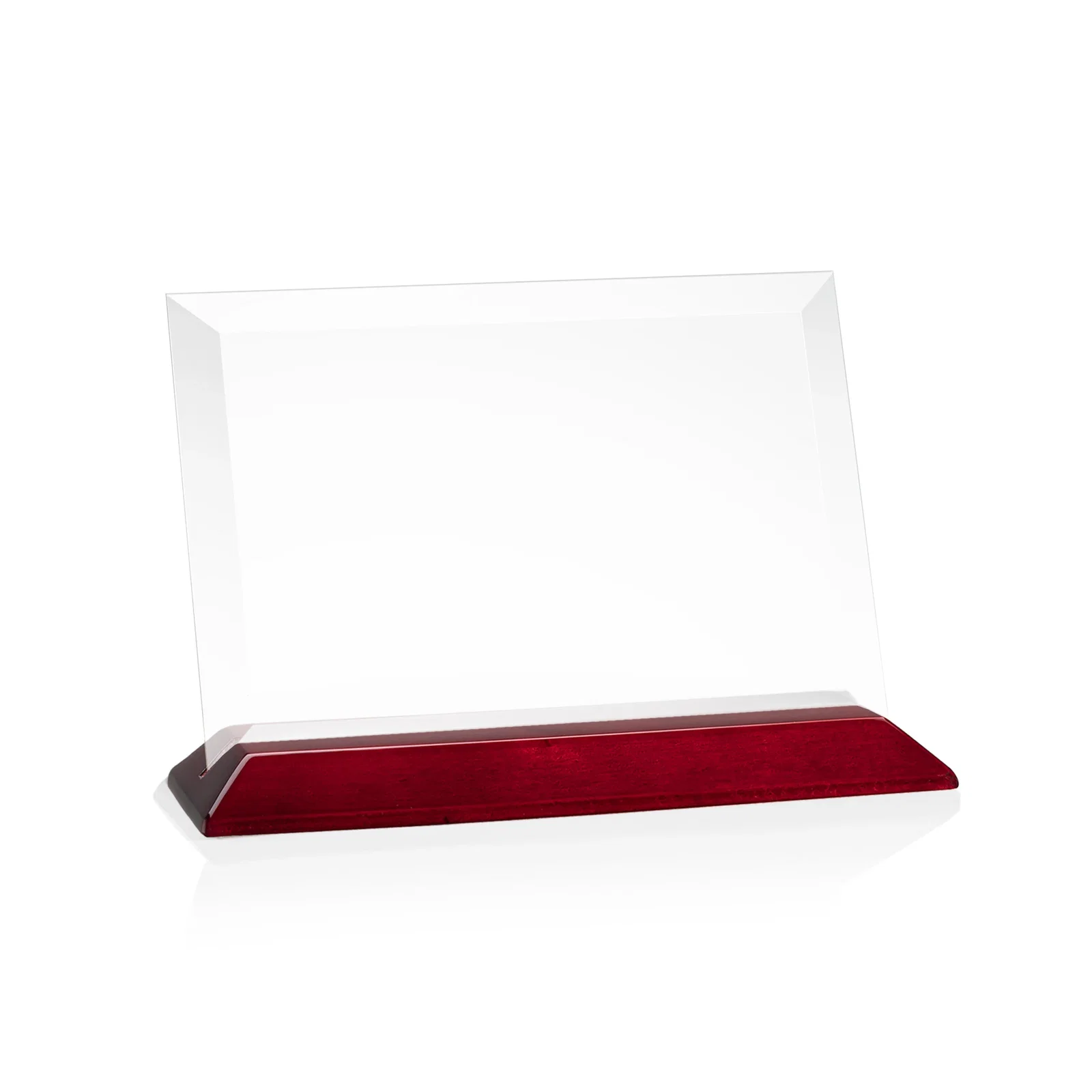 Branded Starfire Crystal Award with Deeply Beveled Edges on a Wood-Tone Base for team milestone celebrations