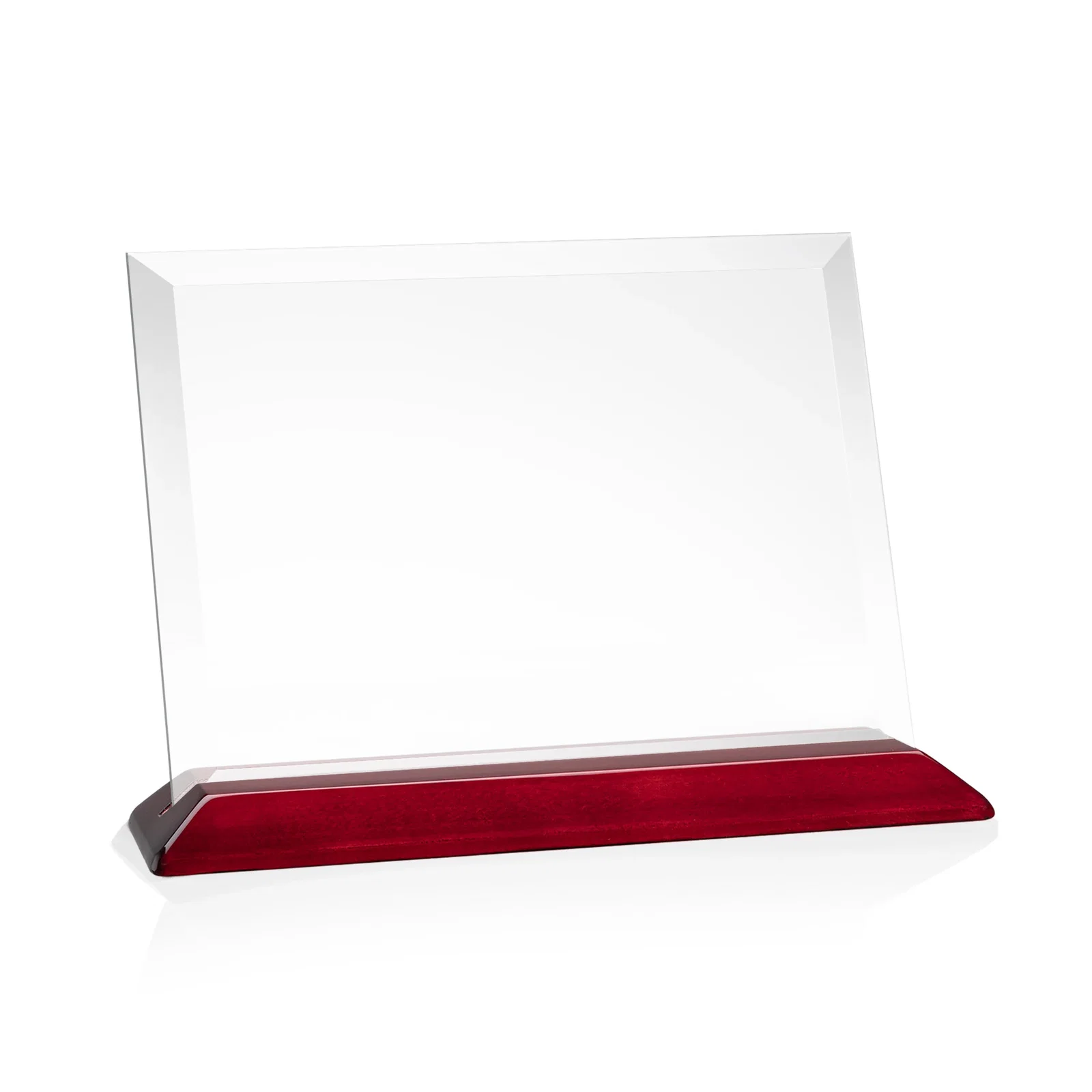 Branded Starfire Crystal Award with Deeply Beveled Edges on a Wood-Tone Base for donor appreciation