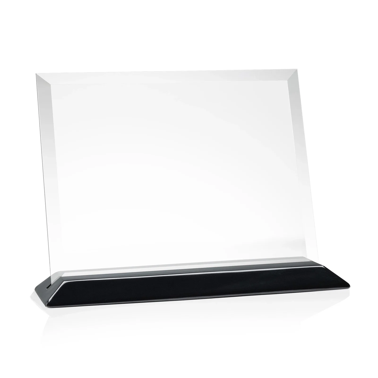 Branded Starfire Crystal Award with Deeply Beveled Edges on a Wood-Tone Base for company anniversary events