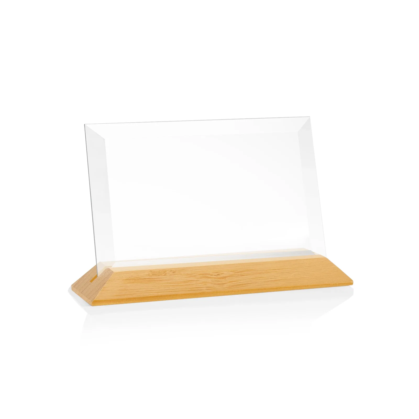 Custom printed Starfire Crystal Award with Deeply Beveled Edges on a Wood-Tone Base for employee recognition
