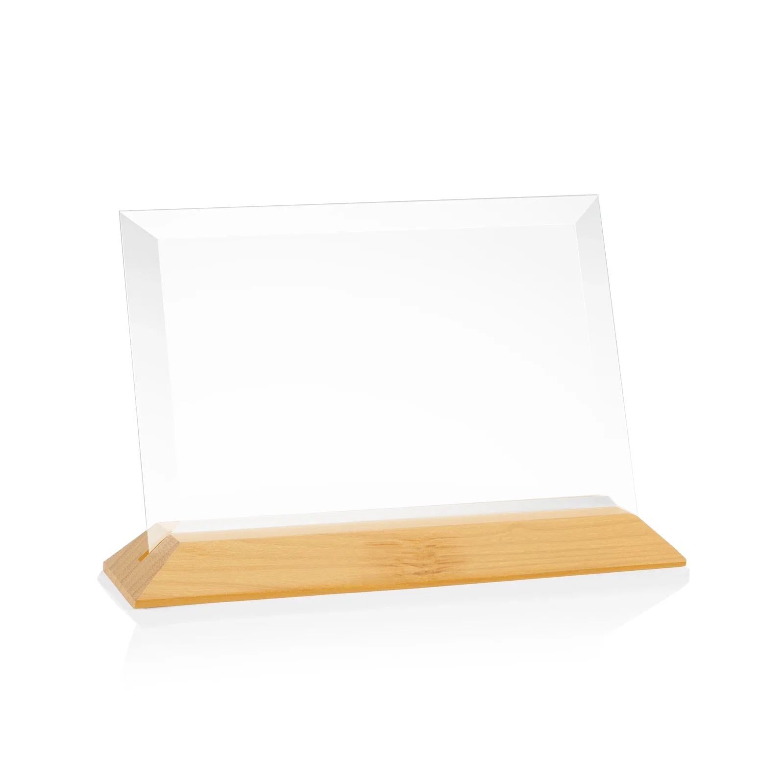Custom printed Starfire Crystal Award with Deeply Beveled Edges on a Wood-Tone Base for corporate award ceremonies