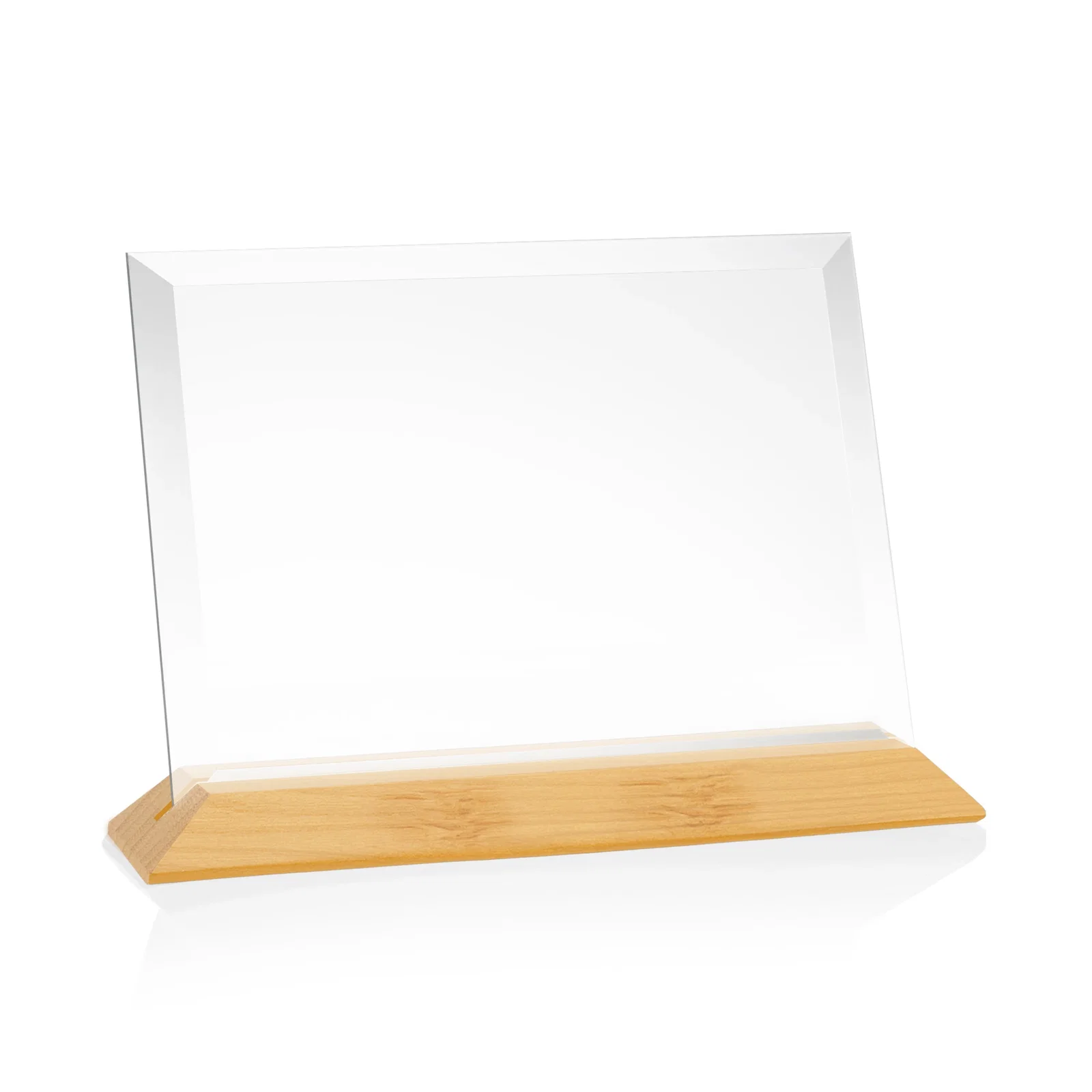 Custom printed Starfire Crystal Award with Deeply Beveled Edges on a Wood-Tone Base for service anniversary gifts