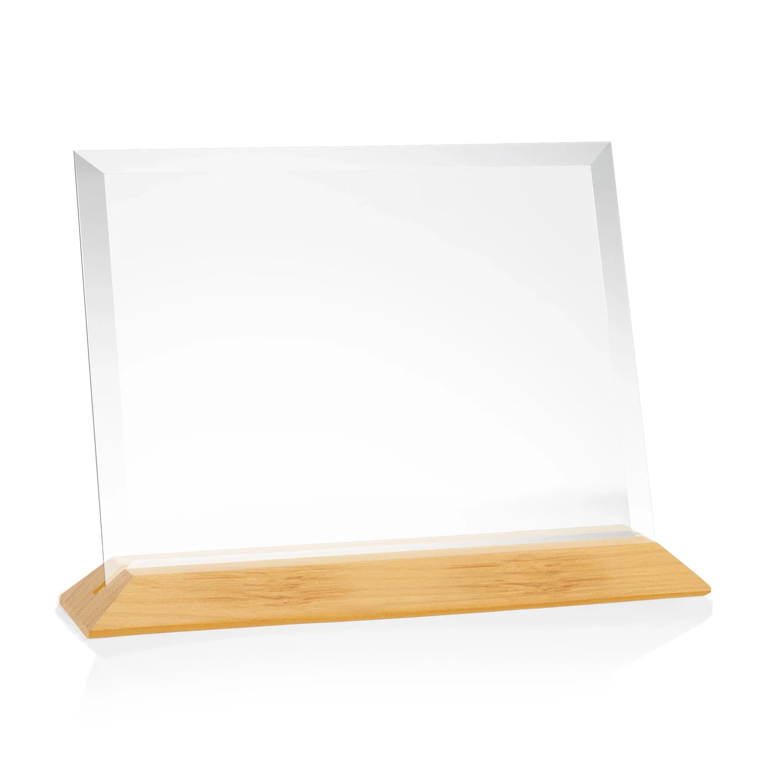 Custom printed Starfire Crystal Award with Deeply Beveled Edges on a Wood-Tone Base for sales achievement awards