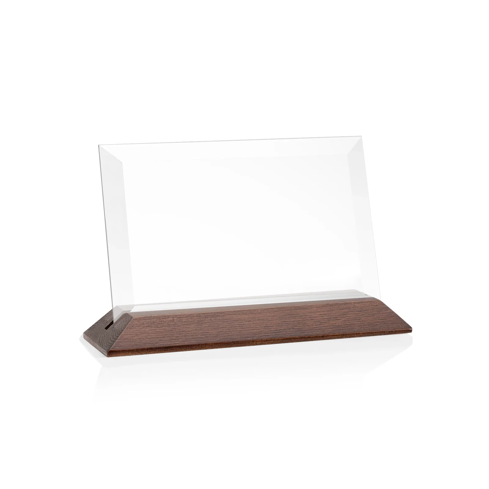 Custom printed Starfire Crystal Award with Deeply Beveled Edges on a Wood-Tone Base for retirement presentations