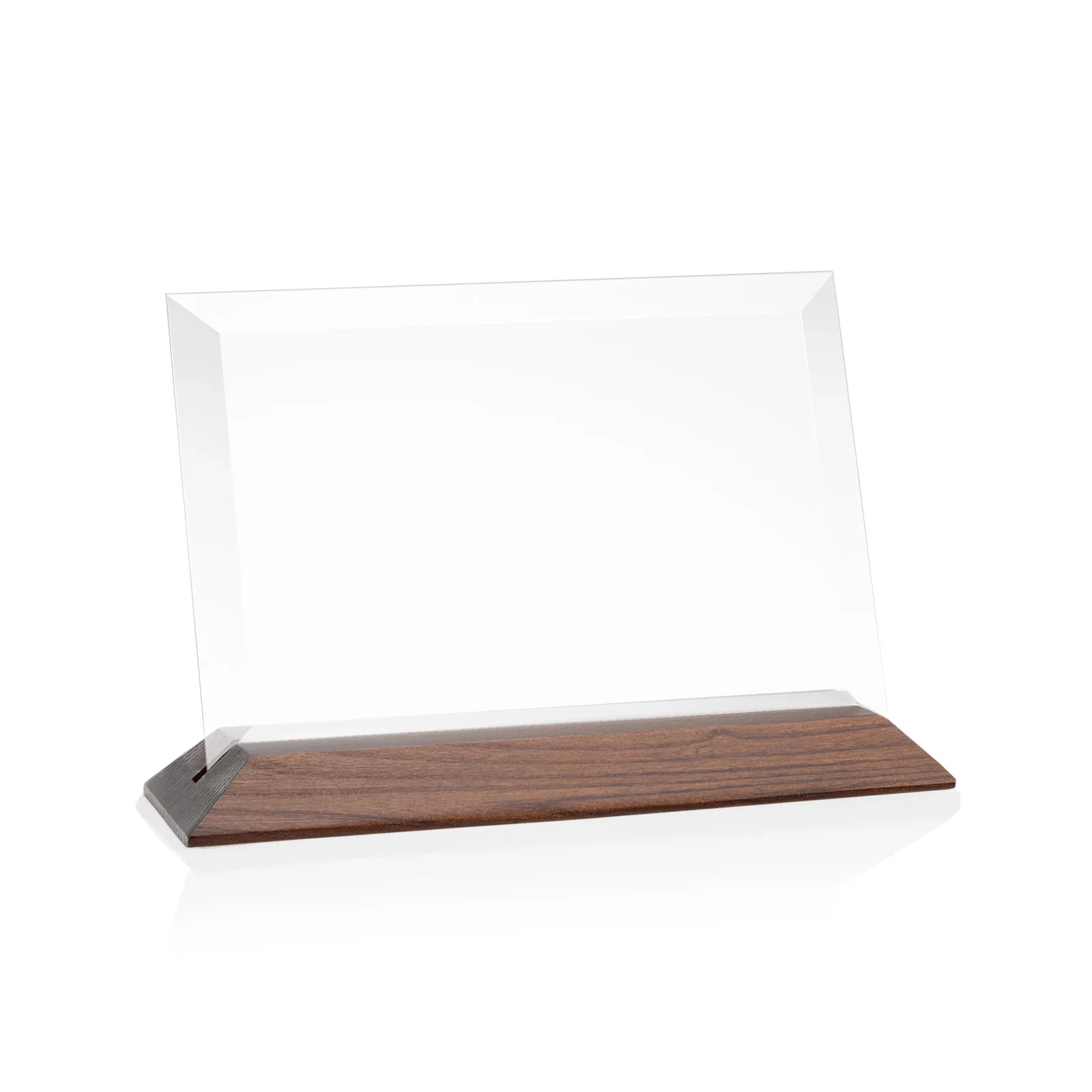Custom printed Starfire Crystal Award with Deeply Beveled Edges on a Wood-Tone Base for team milestone celebrations