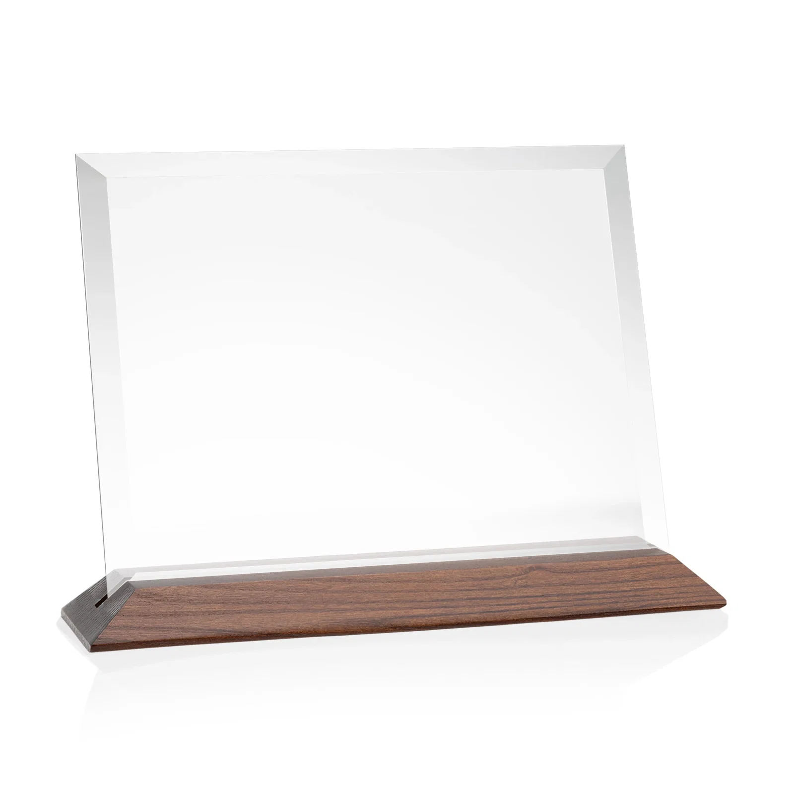Custom printed Starfire Crystal Award with Deeply Beveled Edges on a Wood-Tone Base for graduation ceremonies