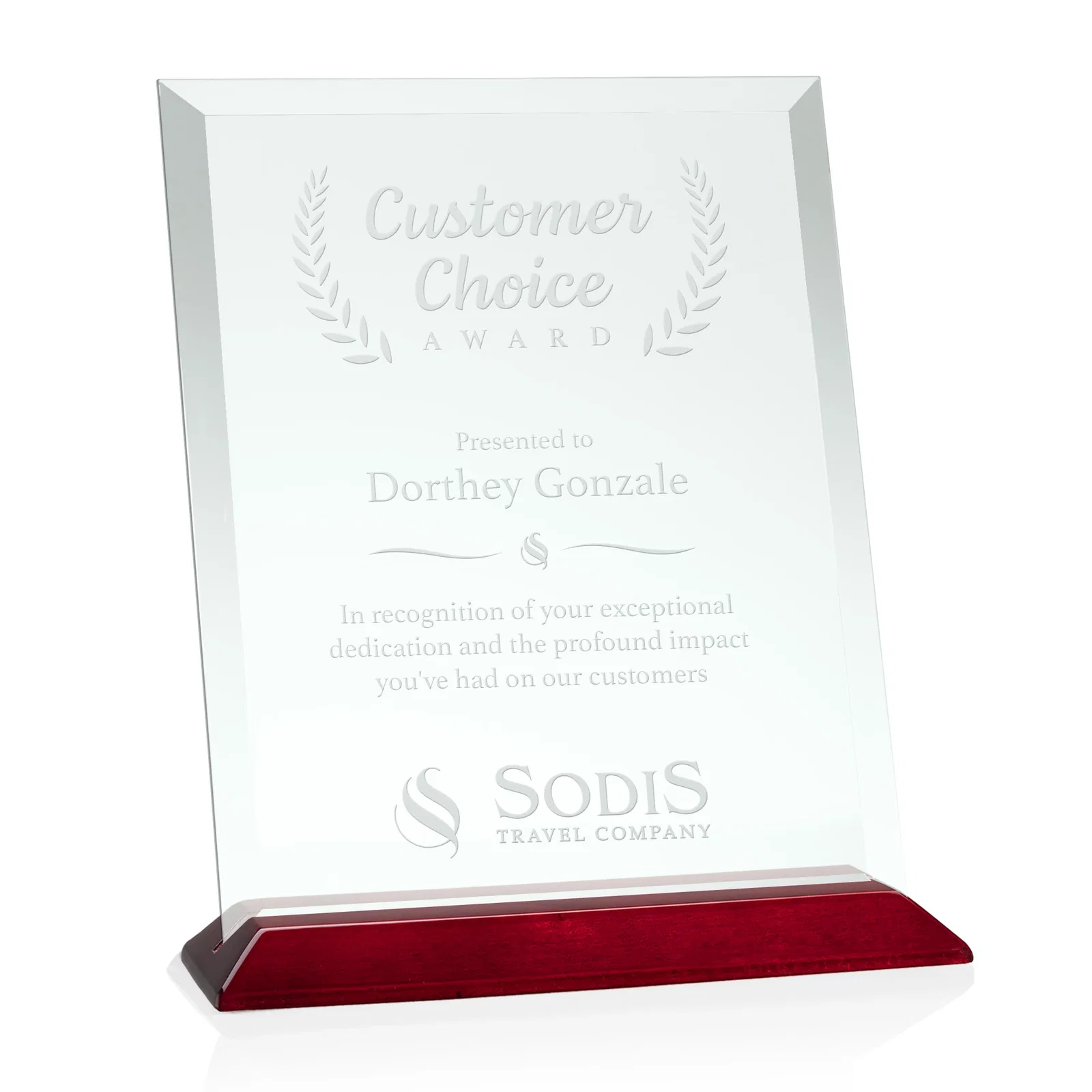 Custom Jade Glass Vertical Award With A Glossy Piano-Finish Rosewood Base for volunteer appreciation