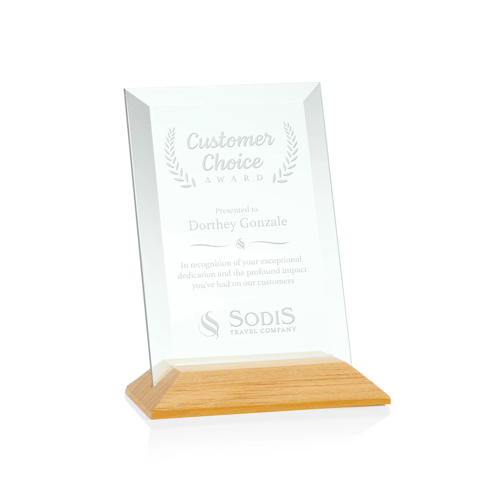 Custom Jade Glass Vertical Award With A Glossy Piano-Finish Rosewood Base for company anniversary events