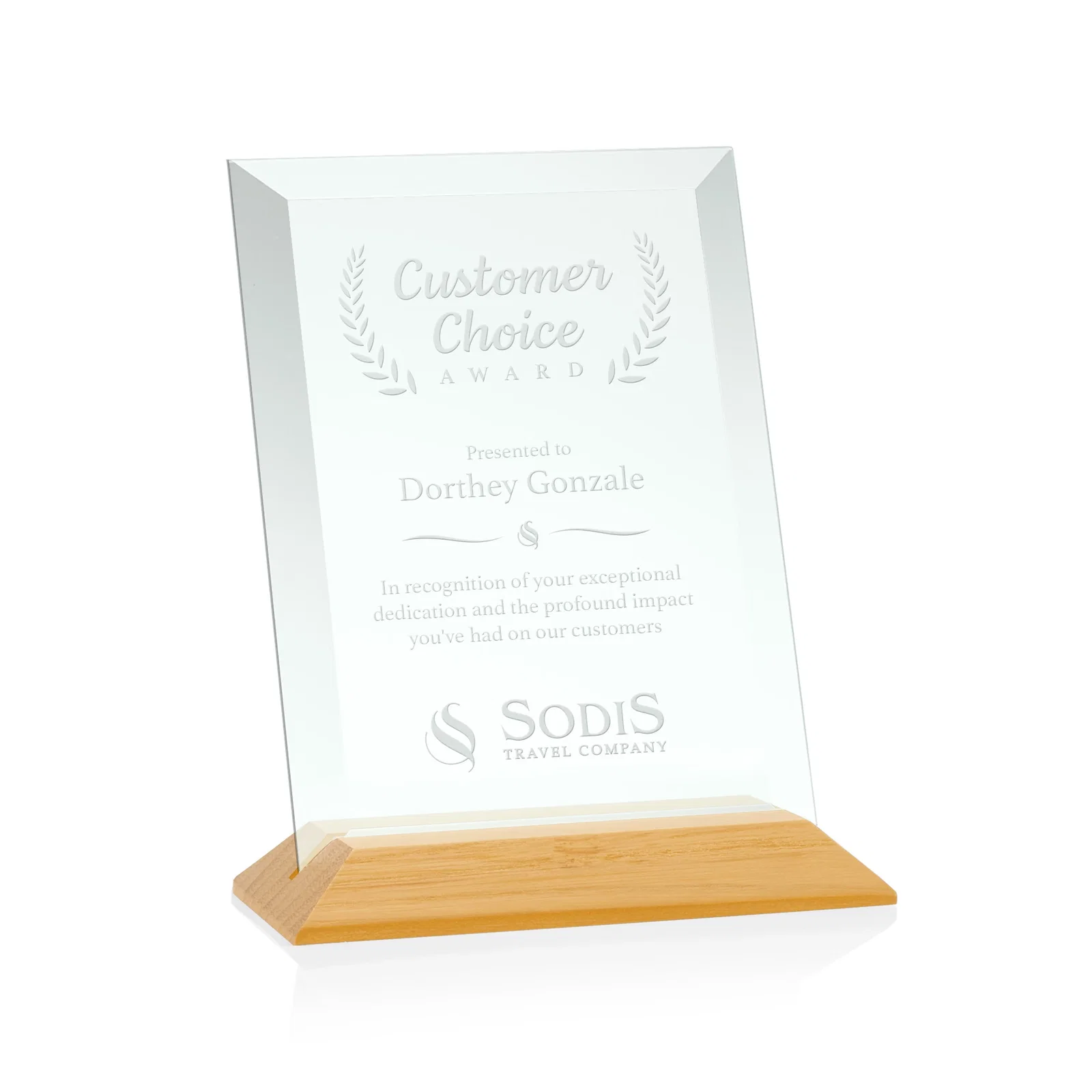 Personalized Jade Glass Vertical Award With A Glossy Piano-Finish Rosewood Base for employee recognition