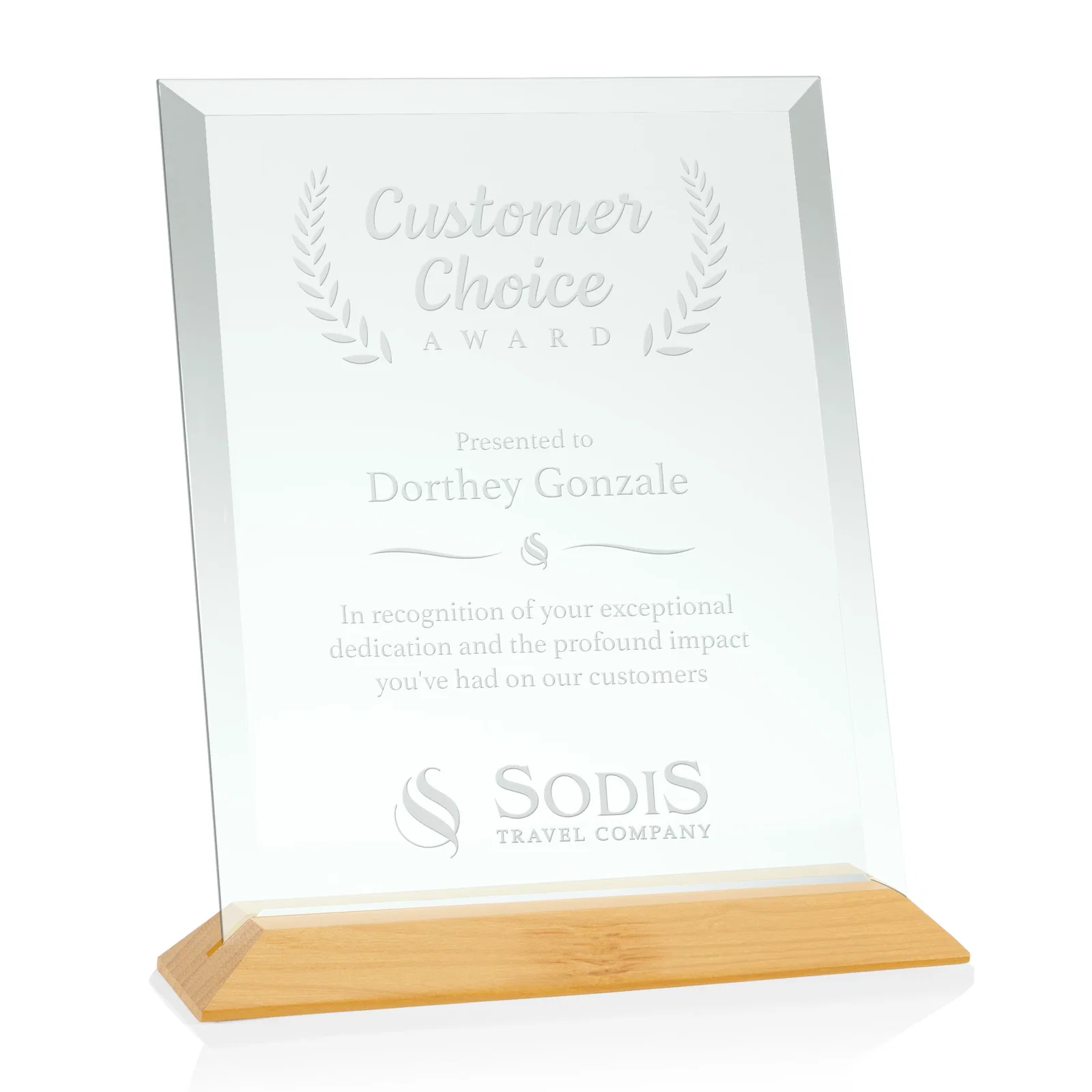 Personalized Jade Glass Vertical Award With A Glossy Piano-Finish Rosewood Base for service anniversary gifts