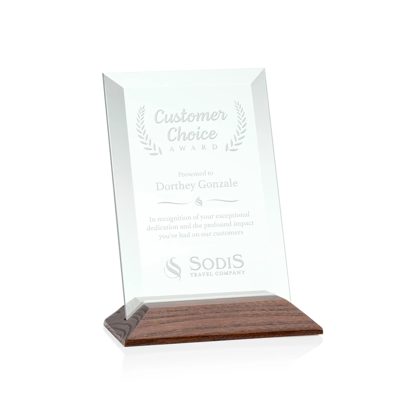Personalized Jade Glass Vertical Award With A Glossy Piano-Finish Rosewood Base for retirement presentations