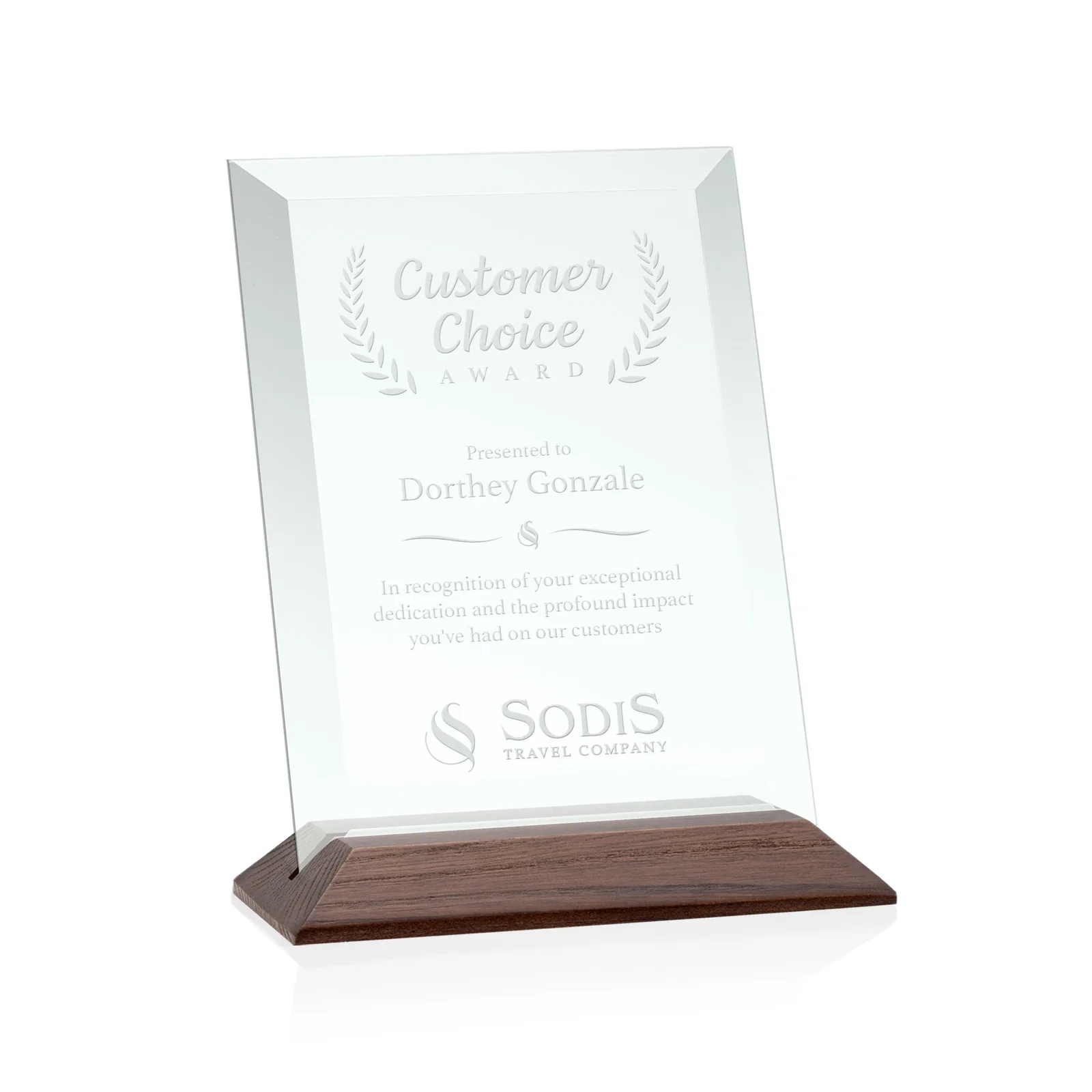 Personalized Jade Glass Vertical Award With A Glossy Piano-Finish Rosewood Base for team milestone celebrations