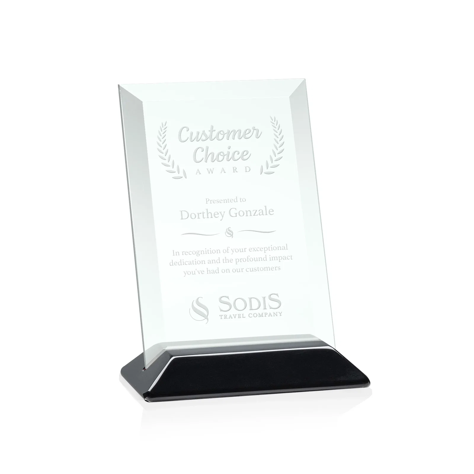 Custom Jade Glass Vertical Award With A Glossy Piano-Finish Rosewood Base for corporate award ceremonies