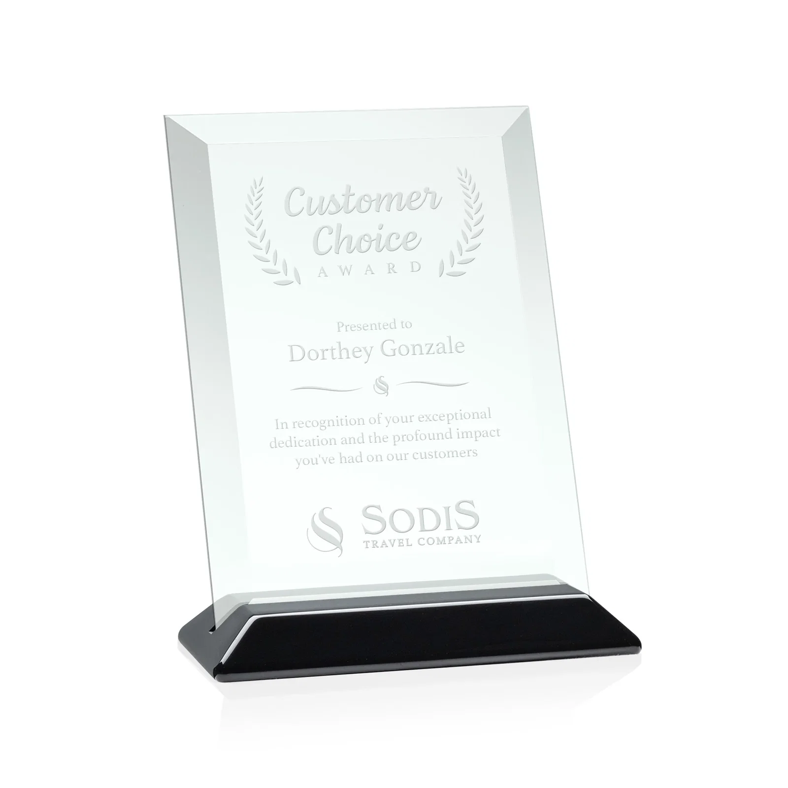 Custom Jade Glass Vertical Award With A Glossy Piano-Finish Rosewood Base for service anniversary gifts