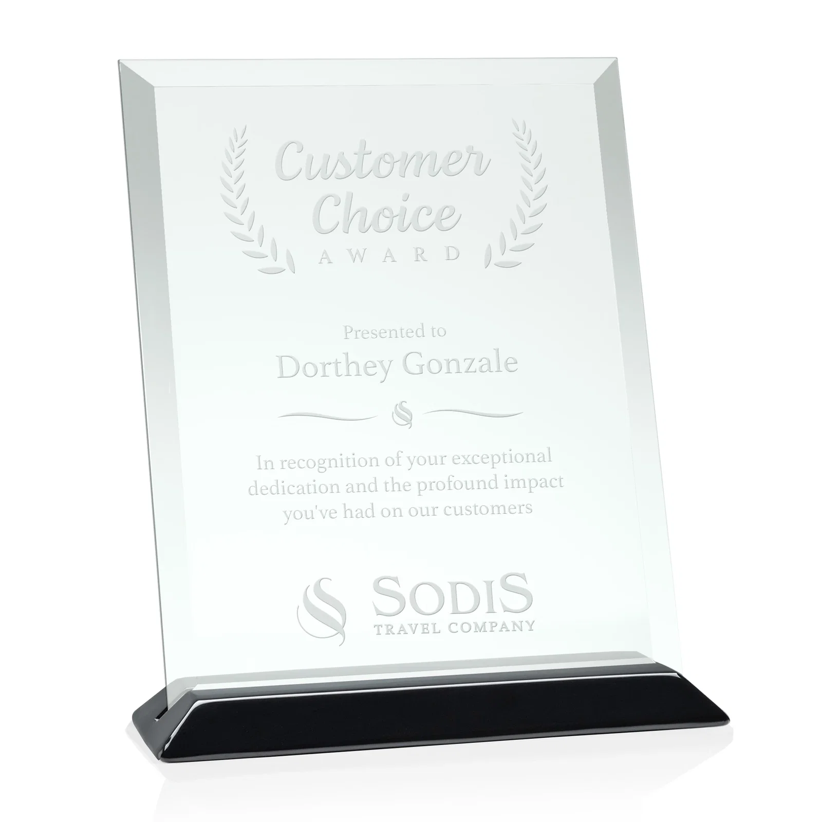 Custom Jade Glass Vertical Award With A Glossy Piano-Finish Rosewood Base for retirement presentations