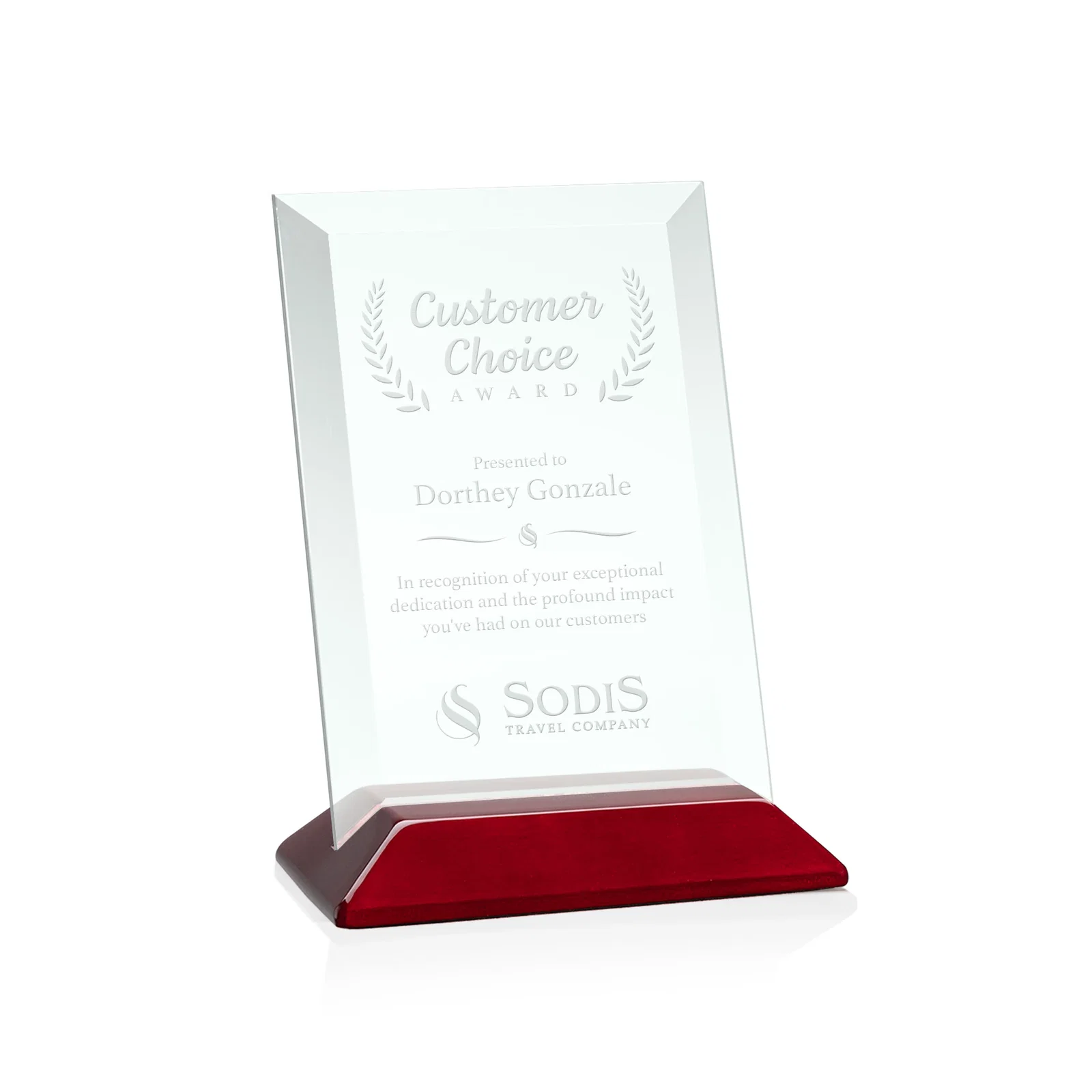 Custom Jade Glass Vertical Award With A Glossy Piano-Finish Rosewood Base for donor appreciation