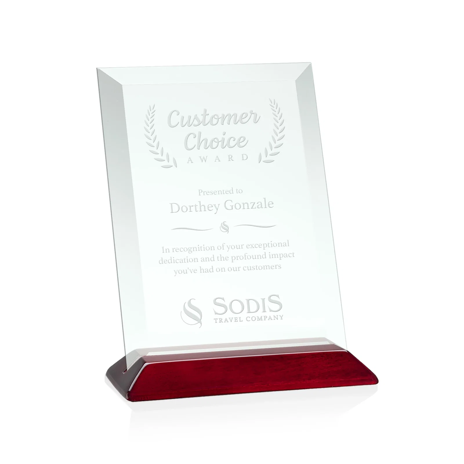 Custom Jade Glass Vertical Award With A Glossy Piano-Finish Rosewood Base for graduation ceremonies