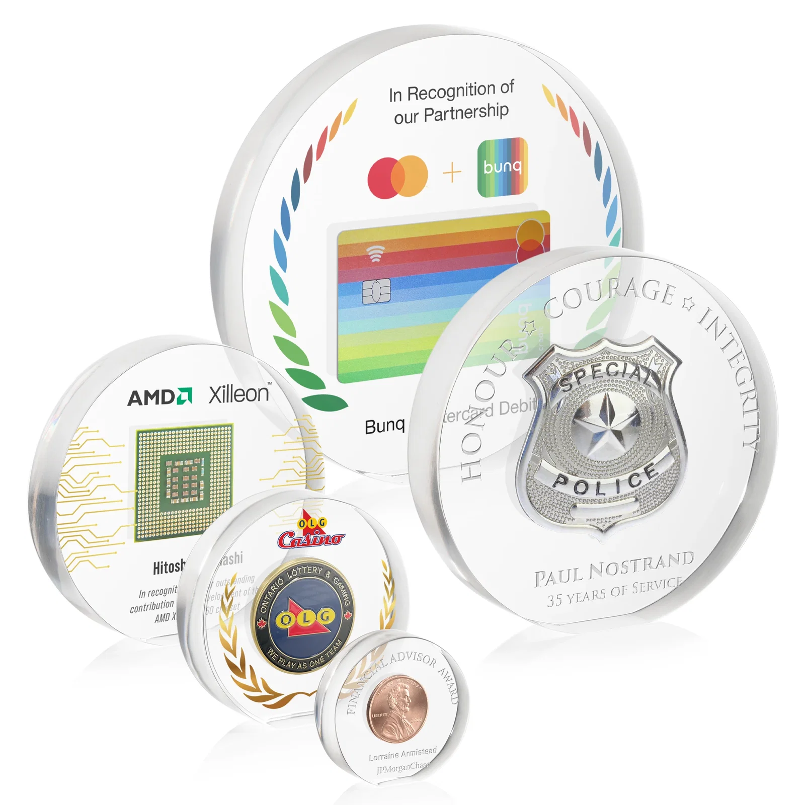 Custom Circle Acrylic Embedment Award for Medallions and Keepsakes for employee recognition