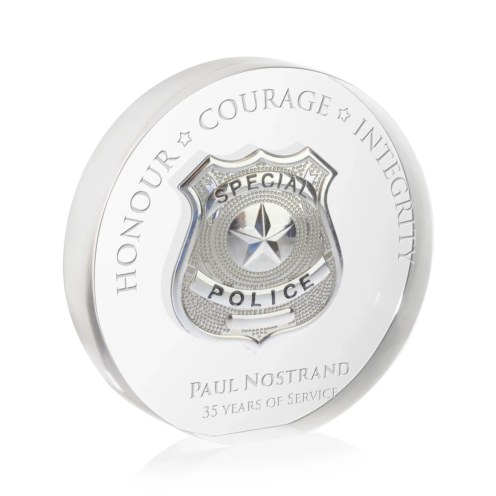 Custom Circle Acrylic Embedment Award for Medallions and Keepsakes for retirement presentations