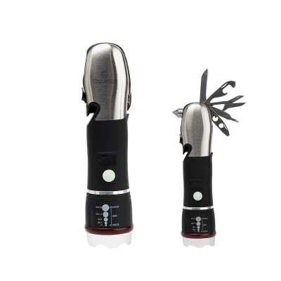 Black emergency flashlight multi-tool with a slim handheld body