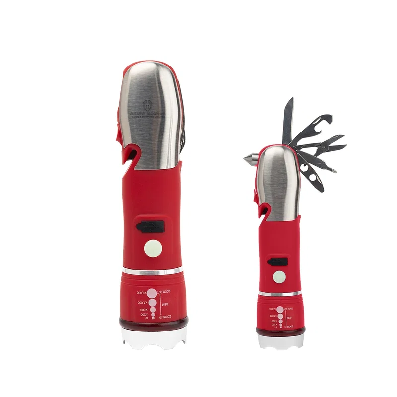 Red unit held in a hand for scale