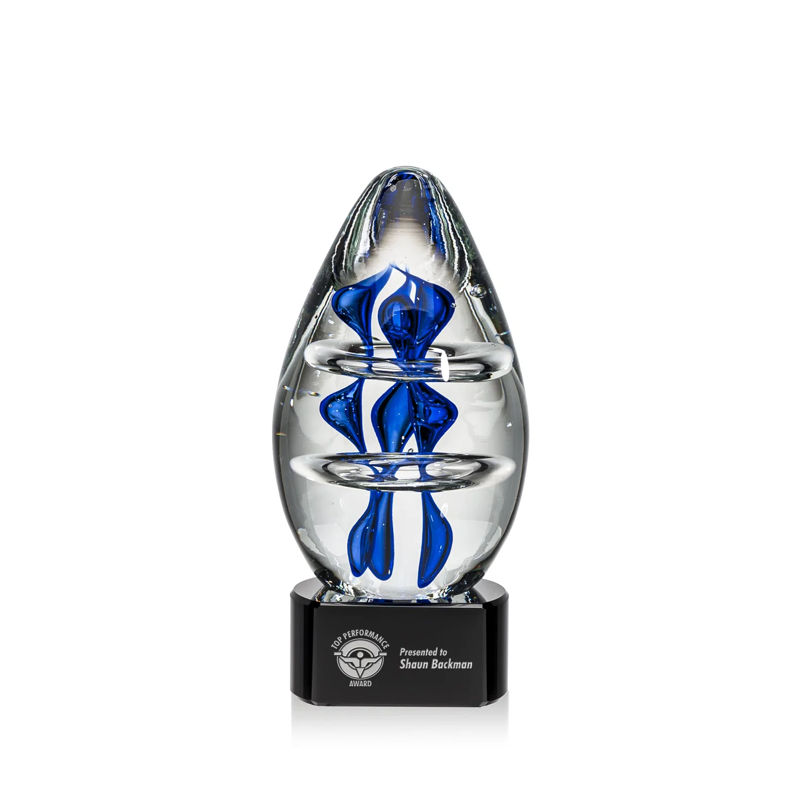 Custom Blue Hand-Blown Glass Teardrop Award for volunteer appreciation