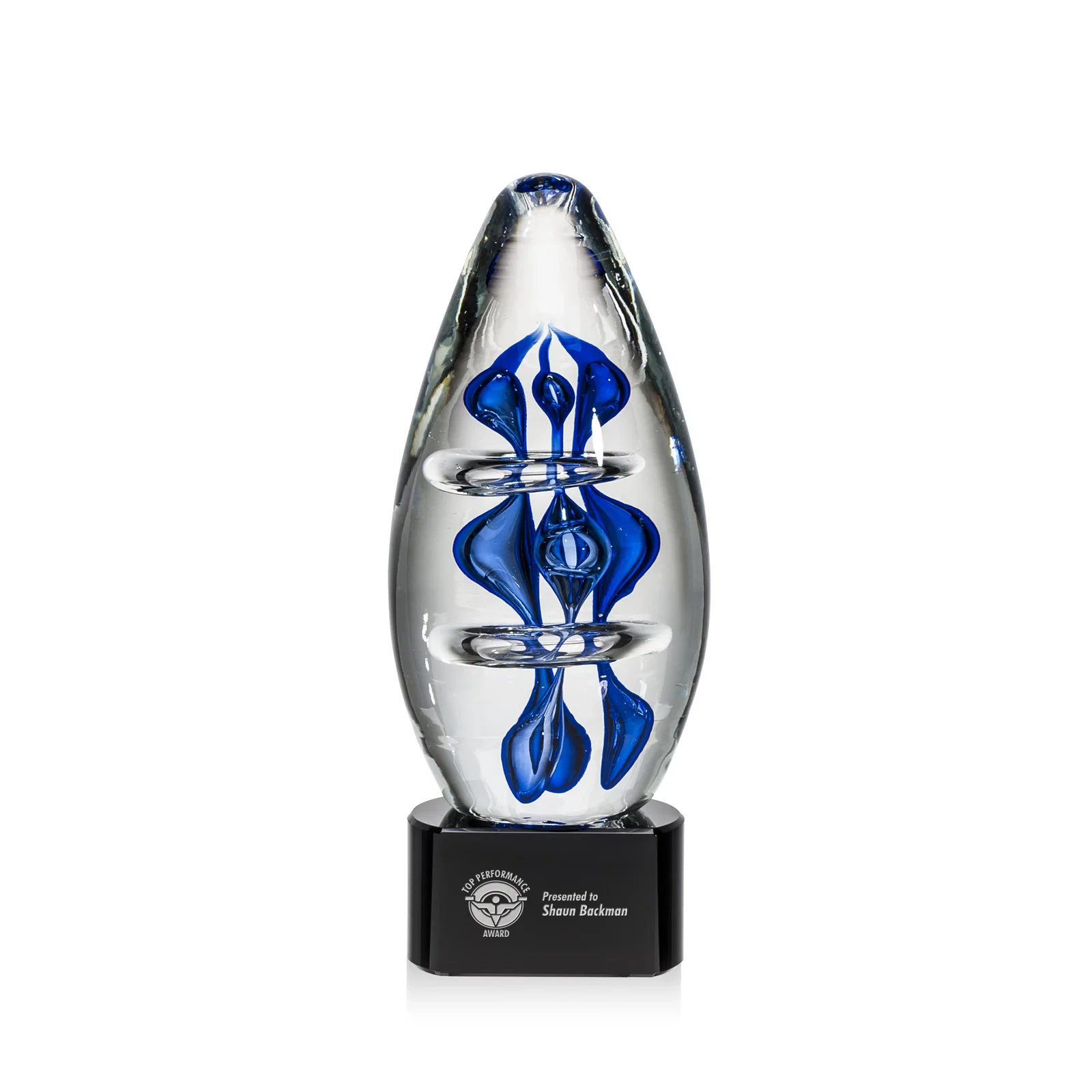 Custom Blue Hand-Blown Glass Teardrop Award for dealer and partner awards