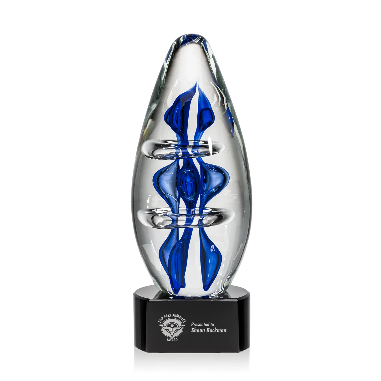 Custom Blue Hand-Blown Glass Teardrop Award for company anniversary events