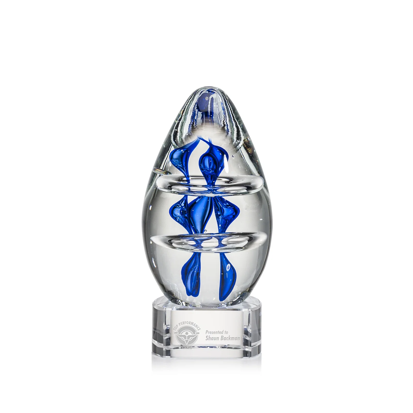 Custom Blue Hand-Blown Glass Teardrop Award for corporate award ceremonies