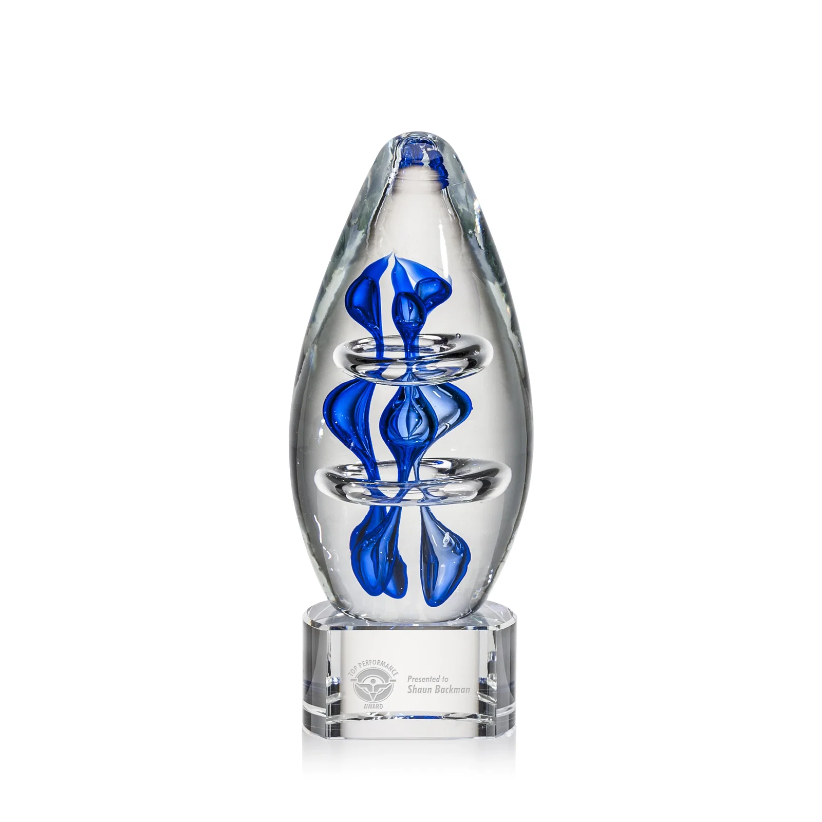 Custom Blue Hand-Blown Glass Teardrop Award for service anniversary gifts
